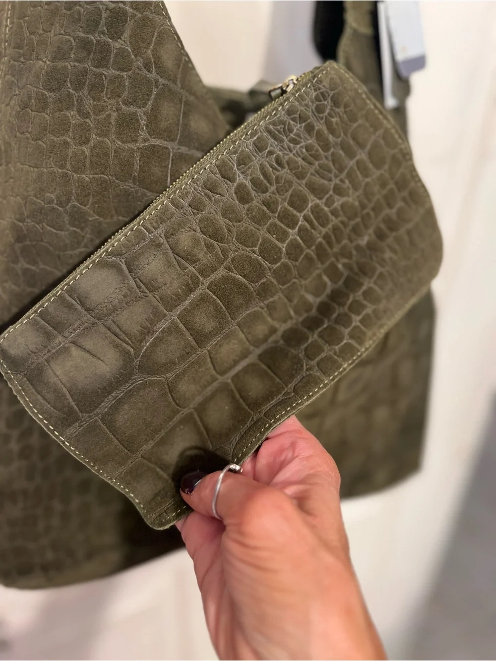 Haute Hippie olive green hobo bag with, crocodile-embossed suede design.NWT